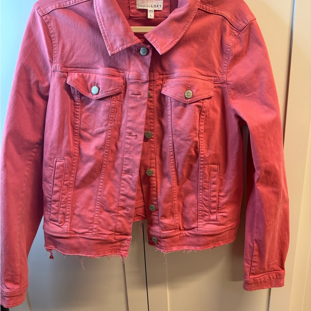 Ann Taylor Loft Large Coral Jean Jacket, frayed edges, EUC!